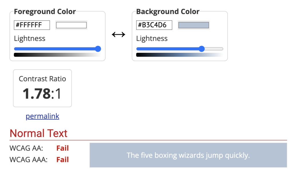 Colour Contrast Checker: Contrast ratio of 1.78:1 for white text against a light blue background